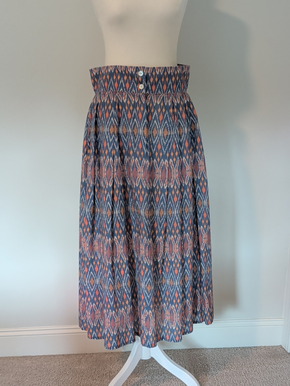 Blue & Coral Ikat Midi Skirt with High Waist